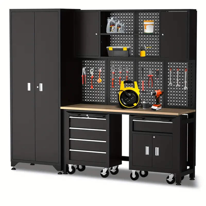 Taller de 6 piezas en negro, gabinete de almacenamiento para garaje, incluye cajones de acero, cofre rodante y tablero de clavijas, gabinete de almacenamiento con cerradura, perfecto para organizar el garaje y las herramientas.