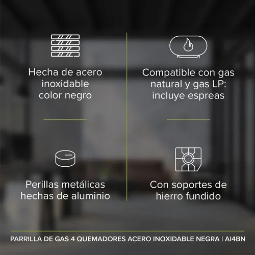 Parrilla A Gas 4 Quemadores, Acero Inoxidable, Avera Ai4bn Color Negro