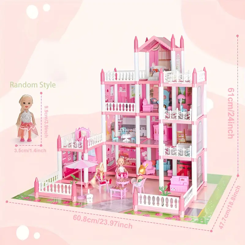 Conjunto de Casa de Muñecas Deluxe de 4 Niveles con 11 Habitaciones, Muebles y Luces - Juego de Fantasía de Princesa para Niños de 6+ | Rosa Brillante, Plástico Duradero | Idea de Regalo Perfecta