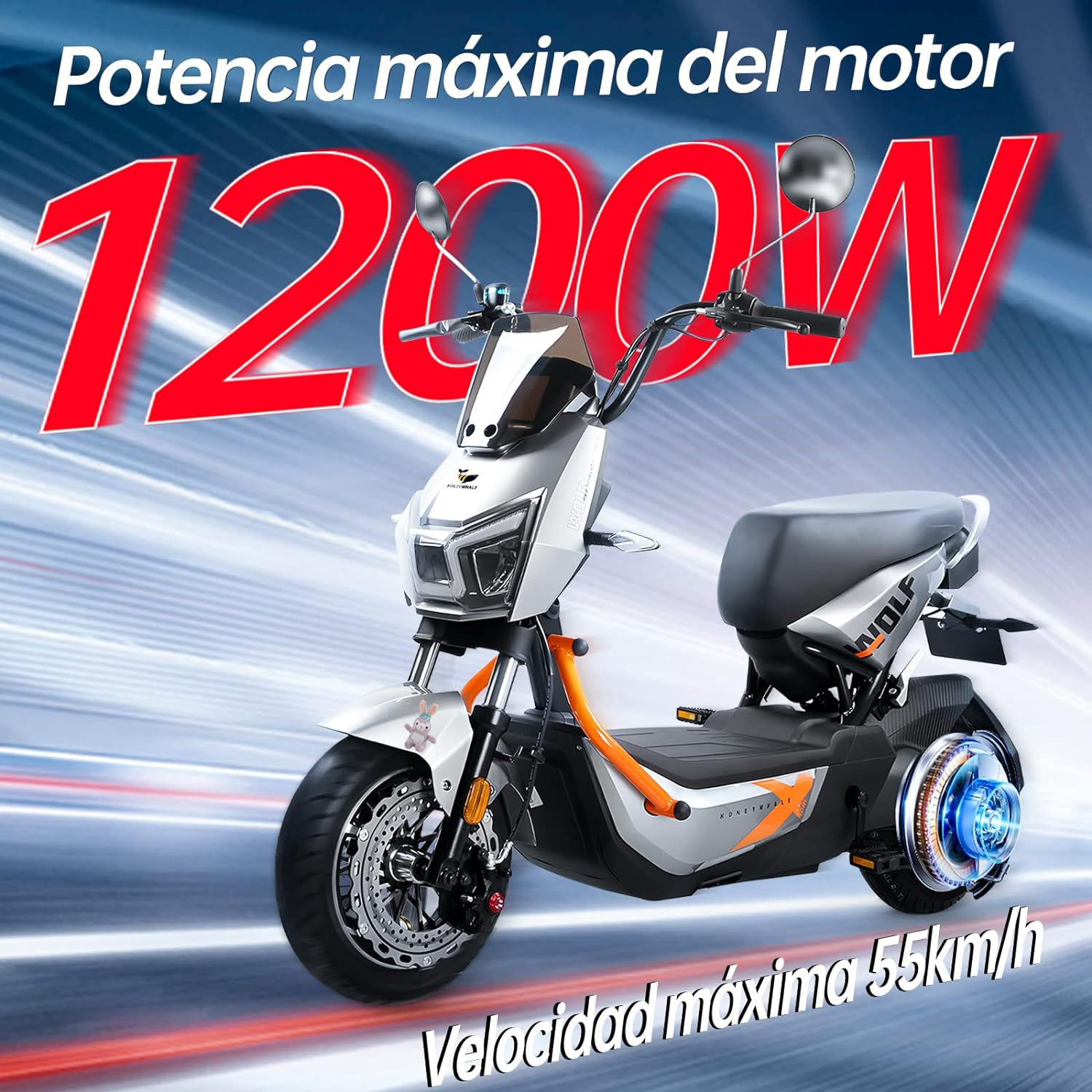 Wolf Bicicleta Electrica para Adultos, Bicimoto Eléctrica con Alarma, Máxima del Motor 1200W, Velocidad Máxima 55KM/H, Autonomía 50-55KM, Batería (72V, 20AH), Emite 7 Colores de luz