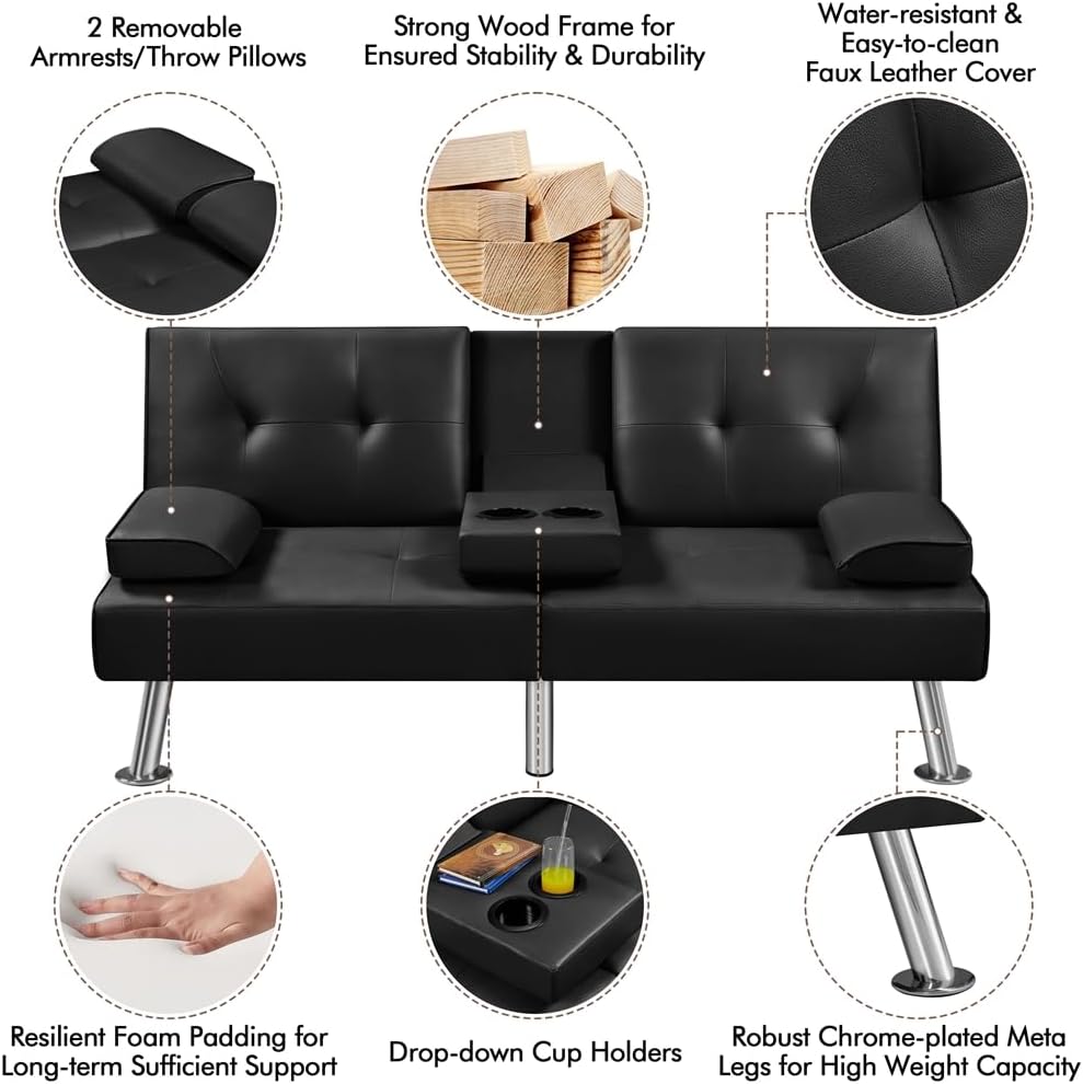 Yaheetech - Sofá Cama Convertible Ajustable, Moderno sillón reclinable de Piel sintético para el hogar, sofá Cama Plegable, Cama de Invitados, reposabrazos extraíbles, portavasos 3 ángulos, Capacidad