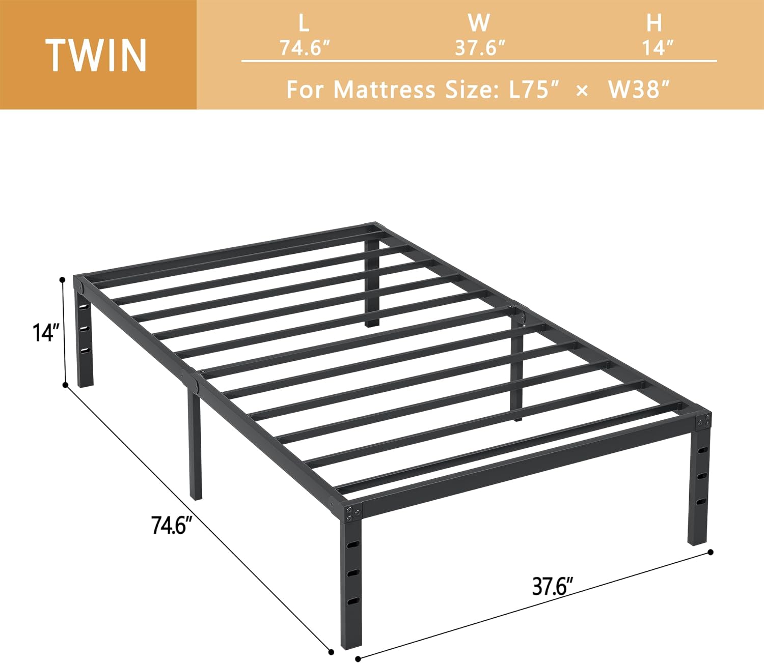 New Jeto Marco de cama de metal con espacio de almacenamiento debajo de la cama, plataforma sencilla y atmosférica, resistente y duradero, de 46 cm, tamaño individual