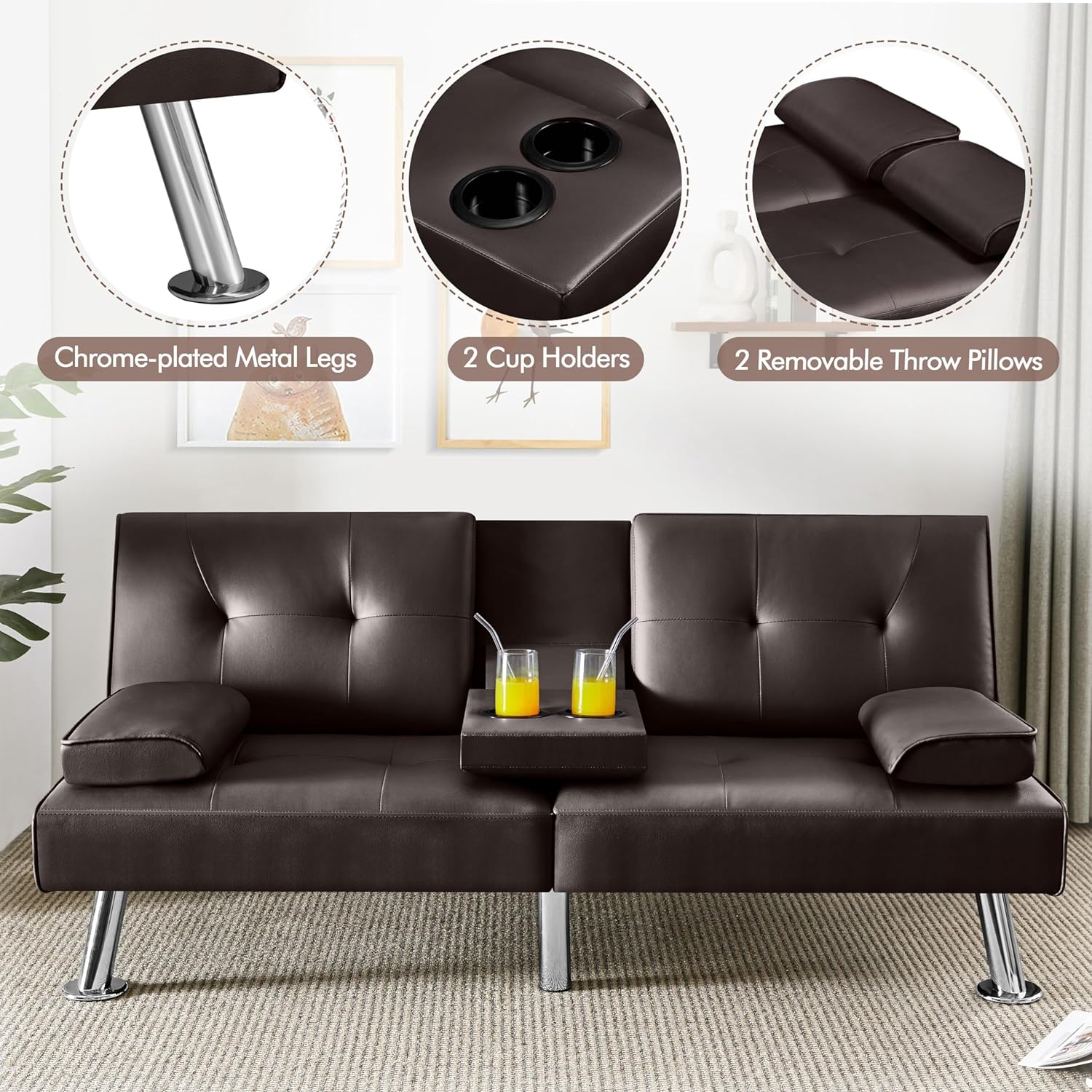 Yaheetech - Sofá Cama Convertible Ajustable, Moderno sillón reclinable de Piel sintético para el hogar, sofá Cama Plegable, Cama de Invitados, reposabrazos extraíbles, portavasos 3 ángulos, Capacidad