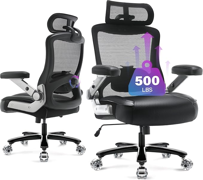 500lbs Big and Tall Office Chair- Heavy Duty Executive Computer Chair with 3D Flip Arms Large Wheels, Ergonomic Mesh High Back Desk Chair, Extra Wide Seat Adjustable Lumbar Support&Headrest
