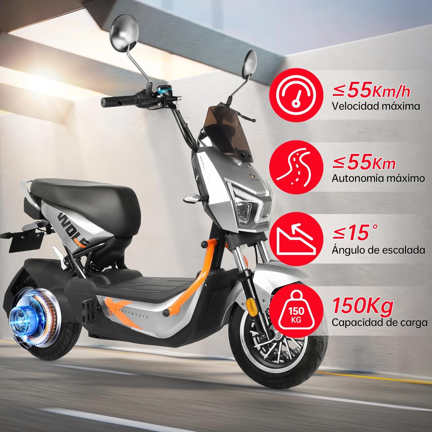 Wolf Bicicleta Electrica para Adultos, Bicimoto Eléctrica con Alarma, Máxima del Motor 1200W, Velocidad Máxima 55KM/H, Autonomía 50-55KM, Batería (72V, 20AH), Emite 7 Colores de luz