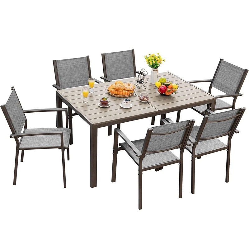 Juego de comedor para patio, 7 piezas, marco de metal, muebles de exterior con 6 sillas de textileno y mesa rectangular, juego de conversación de cocina familiar para patio trasero, césped, terraza (café)