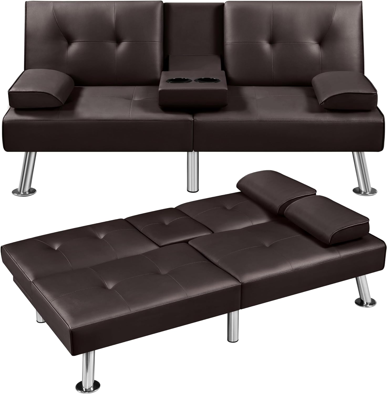 Yaheetech - Sofá Cama Convertible Ajustable, Moderno sillón reclinable de Piel sintético para el hogar, sofá Cama Plegable, Cama de Invitados, reposabrazos extraíbles, portavasos 3 ángulos, Capacidad