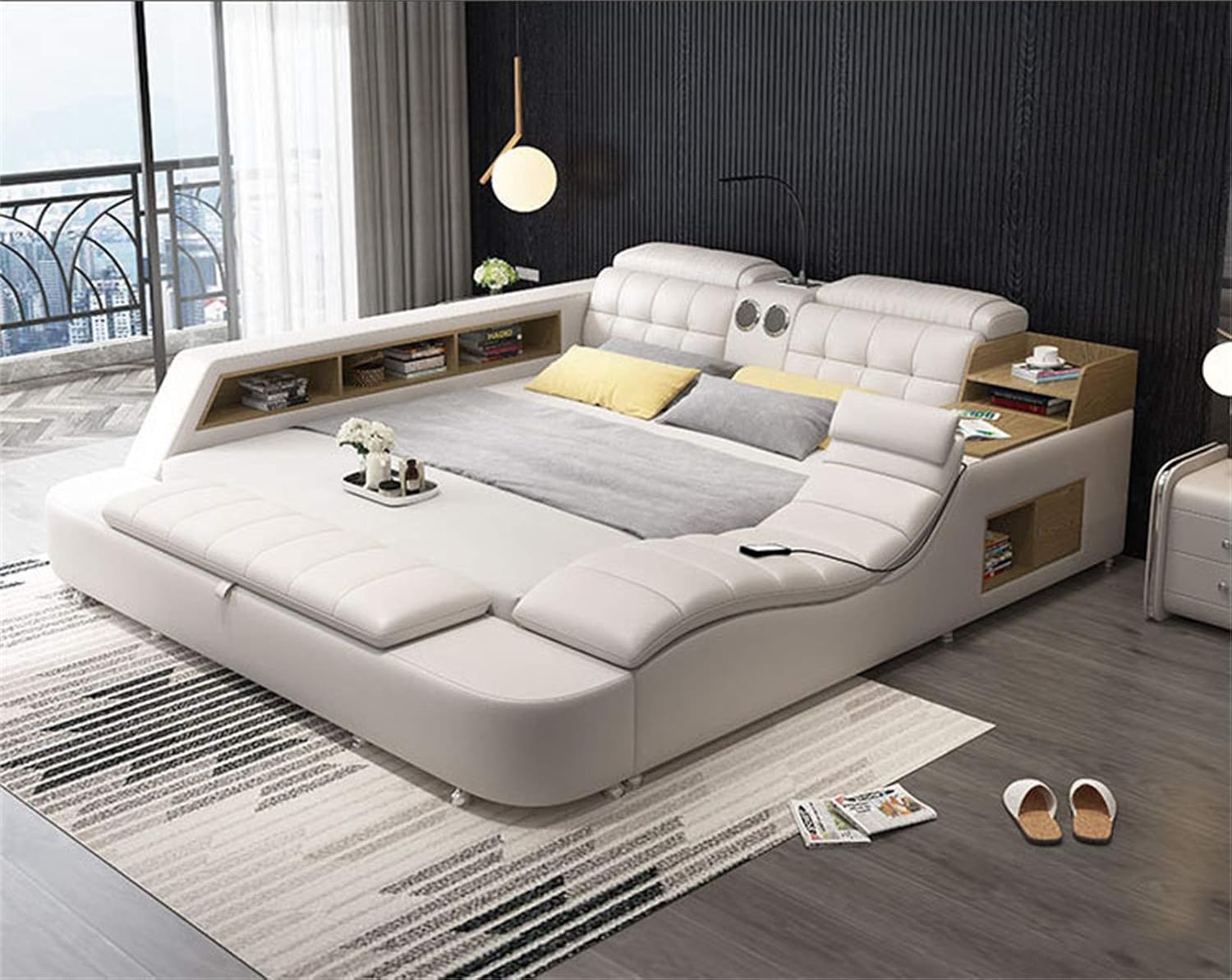 Cama tatami de masaje multifuncional del dormitorio principal moderno Cama doble 1.8 con cama de masaje inteligente, espacio de almacenamiento múltiple incorporado, almacenamiento conveniente—Antifaz para aliviar el sueño