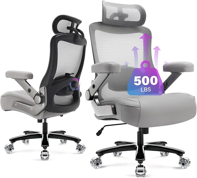 500lbs Big and Tall Office Chair- Heavy Duty Executive Computer Chair with 3D Flip Arms Large Wheels, Ergonomic Mesh High Back Desk Chair, Extra Wide Seat Adjustable Lumbar Support&Headrest