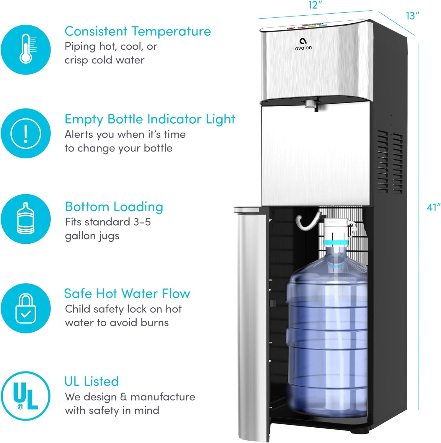 Avalon Dispensador de agua enfriador de agua con carga inferior con BioGuard, 3 ajustes de temperatura, agua caliente, fría y de habitación, construcción duradera de acero inoxidable, revestimiento antimicrobiano, certificado UL