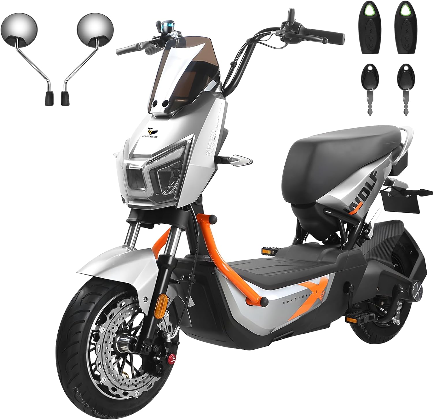 Wolf Bicicleta Electrica para Adultos, Bicimoto Eléctrica con Alarma, Máxima del Motor 1200W, Velocidad Máxima 55KM/H, Autonomía 50-55KM, Batería (72V, 20AH), Emite 7 Colores de luz