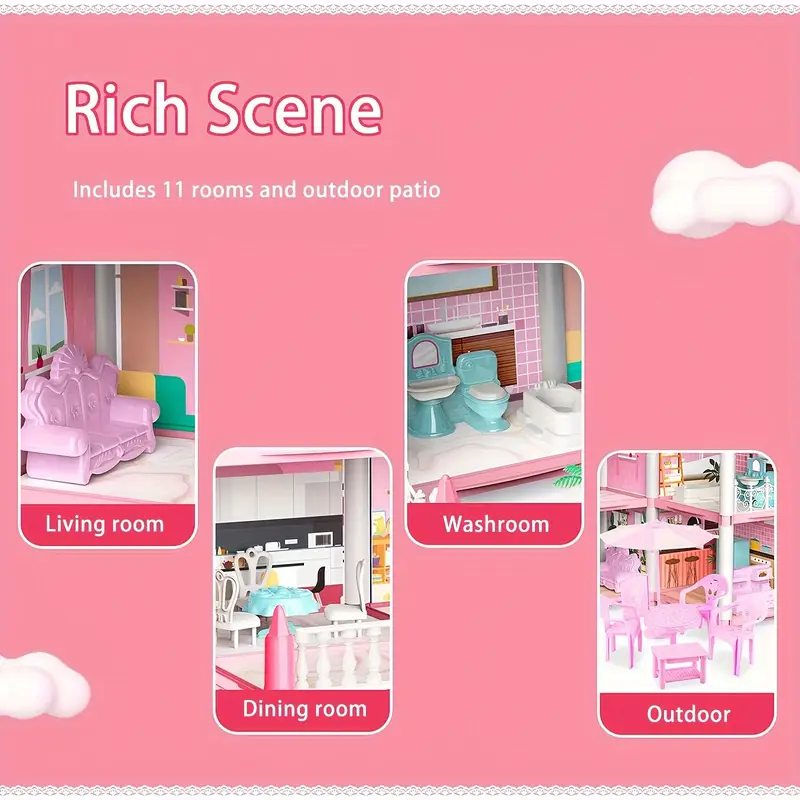 Conjunto de Casa de Muñecas Deluxe de 4 Niveles con 11 Habitaciones, Muebles y Luces - Juego de Fantasía de Princesa para Niños de 6+ | Rosa Brillante, Plástico Duradero | Idea de Regalo Perfecta
