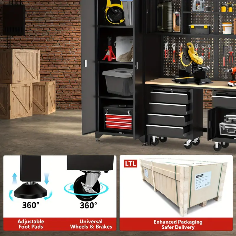 Taller de 6 piezas en negro, gabinete de almacenamiento para garaje, incluye cajones de acero, cofre rodante y tablero de clavijas, gabinete de almacenamiento con cerradura, perfecto para organizar el garaje y las herramientas.