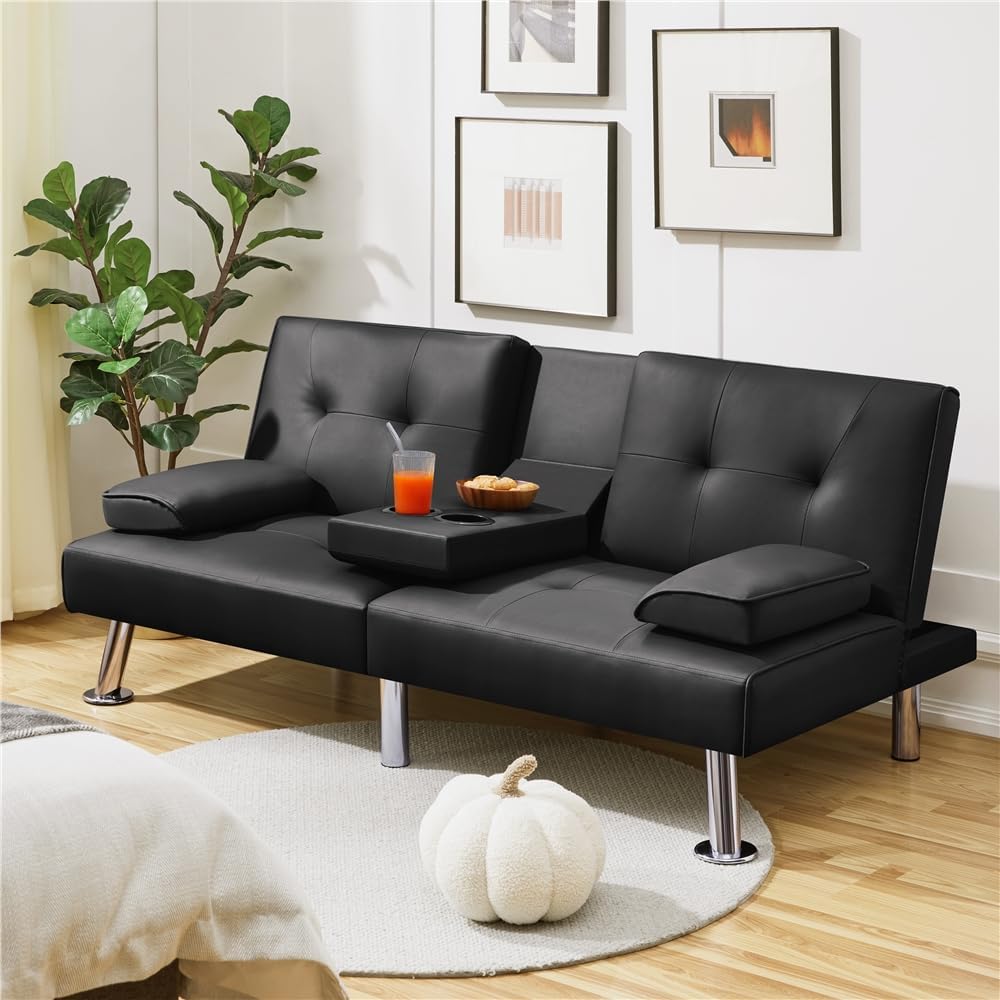 Yaheetech - Sofá Cama Convertible Ajustable, Moderno sillón reclinable de Piel sintético para el hogar, sofá Cama Plegable, Cama de Invitados, reposabrazos extraíbles, portavasos 3 ángulos, Capacidad