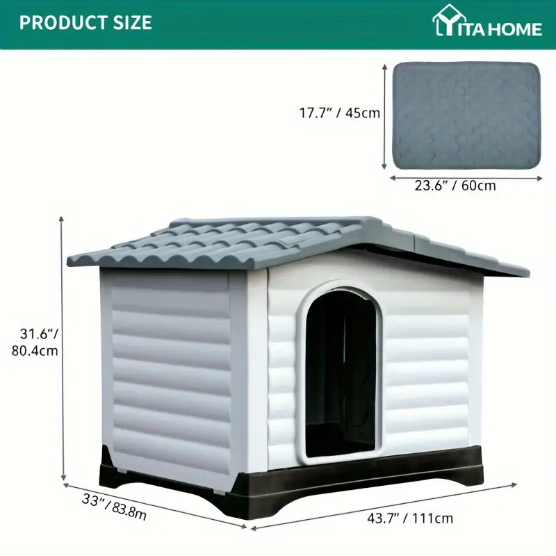 PinoPico 43. 7'' Casa para perros de 2 puertas con base elevada y cojín, casa para mascotas de plástico para perros pequeños, medianos y grandes, fácil montaje, resistente al agua para uso en interiores/exteriores (43. 7''L x 33''W x 31. 6''H)