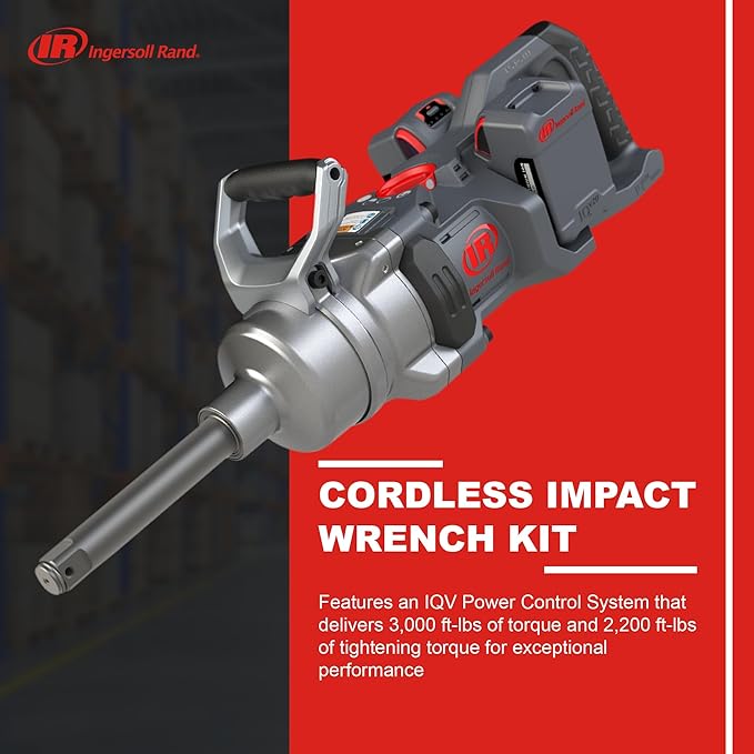 Ingersoll Rand W9691-K4E Kit de batería de 1" Llave de impacto inalámbrica de 20V 4, zanco ext de 6", torque de 3000 ft-lb, retenedor de orificio pasante de anillo de fricción, mango en D