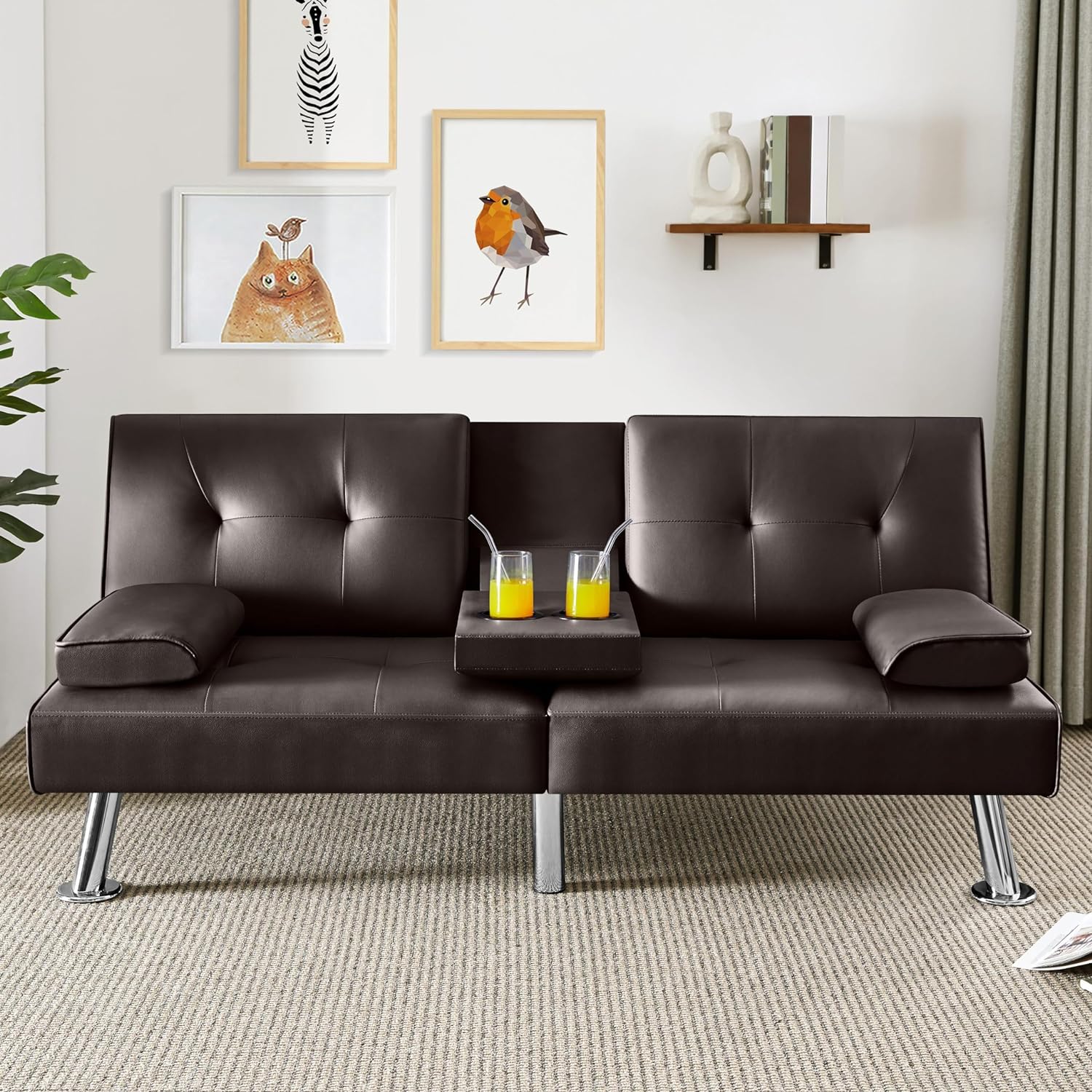 Yaheetech - Sofá Cama Convertible Ajustable, Moderno sillón reclinable de Piel sintético para el hogar, sofá Cama Plegable, Cama de Invitados, reposabrazos extraíbles, portavasos 3 ángulos, Capacidad
