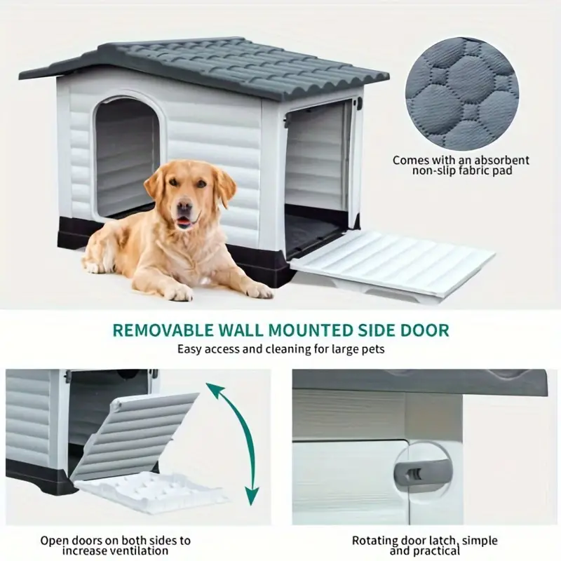 PinoPico 43. 7'' Casa para perros de 2 puertas con base elevada y cojín, casa para mascotas de plástico para perros pequeños, medianos y grandes, fácil montaje, resistente al agua para uso en interiores/exteriores (43. 7''L x 33''W x 31. 6''H)