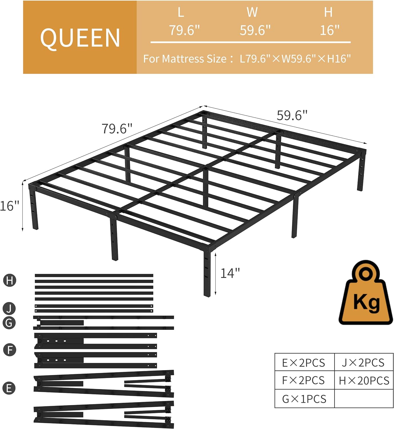 New Jeto Marco de cama de metal con espacio de almacenamiento debajo de la cama, plataforma sencilla y atmosférica, resistente y duradero, de 46 cm, tamaño individual