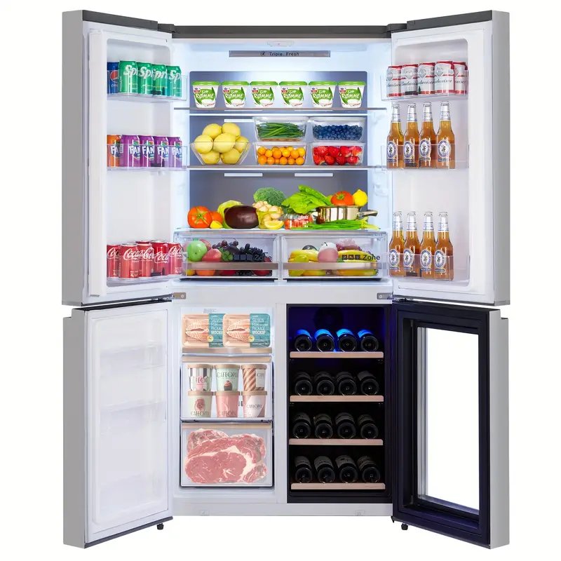 Refrigerador de puerta francesa de 21 pies cúbicos , refrigerador y congelador de gran capacidad, refrigerador de 36 pulgadas con máquina de hielo, congelador inferior, luz LED interior, gabinete para vinos