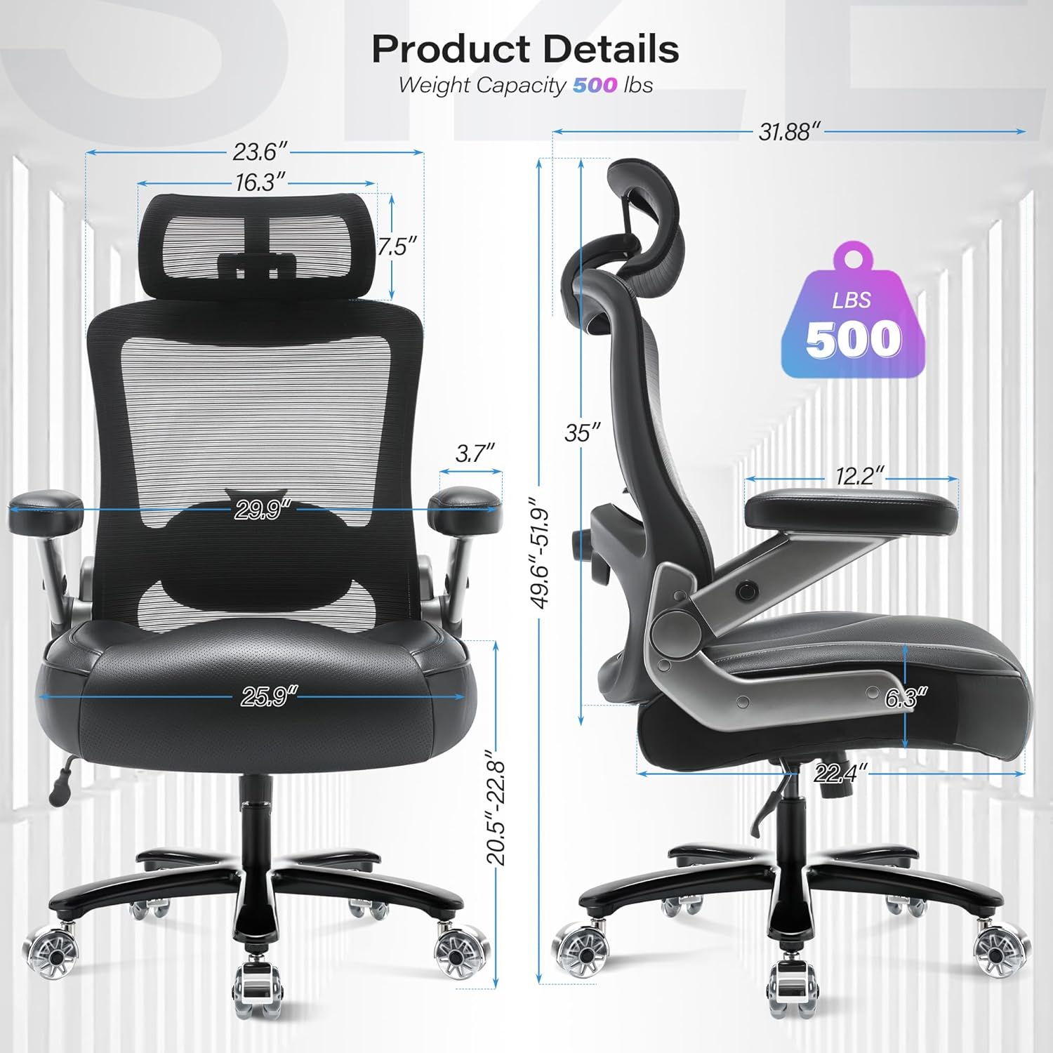 500lbs Big and Tall Office Chair- Heavy Duty Executive Computer Chair with 3D Flip Arms Large Wheels, Ergonomic Mesh High Back Desk Chair, Extra Wide Seat Adjustable Lumbar Support&Headrest