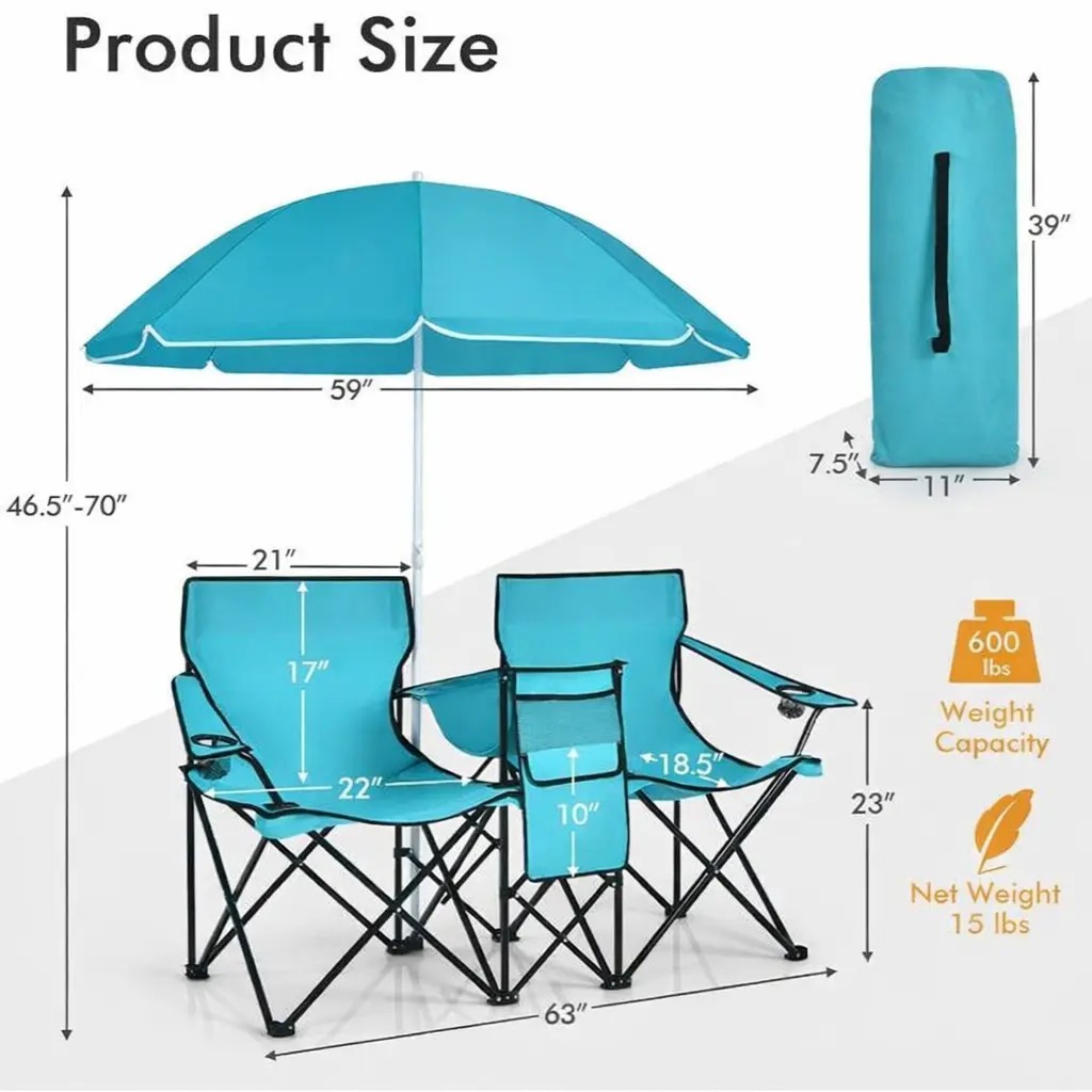 Sillas de pícnic portátiles dobles, sillas de camping plegables con sombrilla desmontable, bolsa térmica y portavasos.
