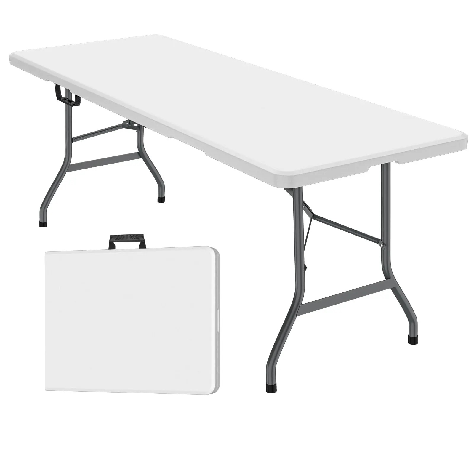 Mesa plegable de 6 pies (Set de mesa plegable de 6 pies y mantel: ZB-6FT), con asa de transporte integrada y patas de acero aleado; portátil y de uso rudo.