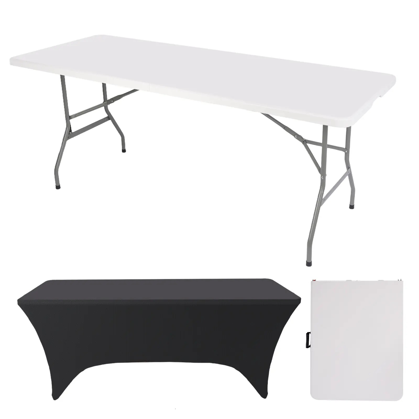 Mesa plegable de 6 pies (Set de mesa plegable de 6 pies y mantel: ZB-6FT), con asa de transporte integrada y patas de acero aleado; portátil y de uso rudo.