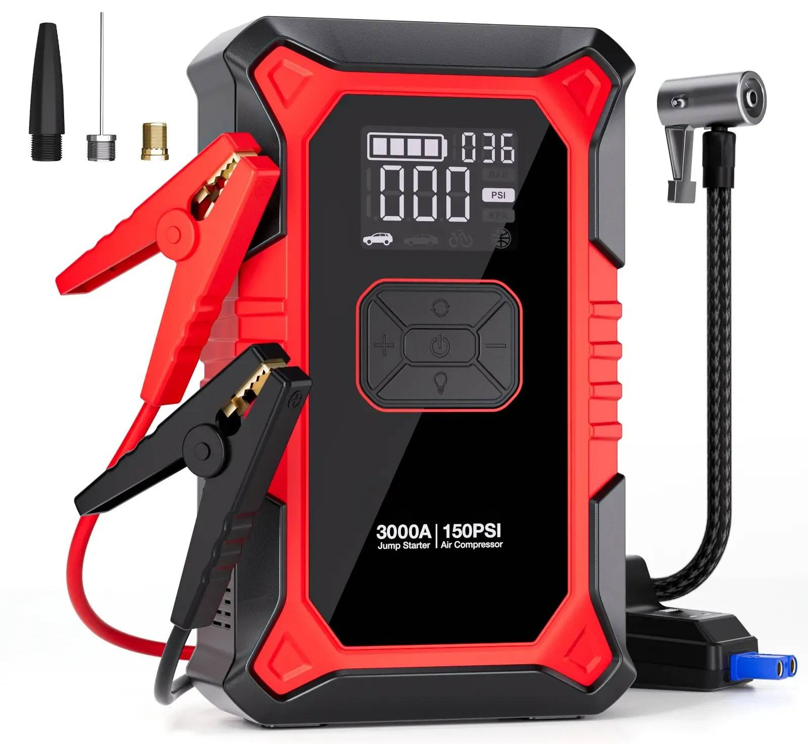 Arrancador de coches portátil con compresor de aire, arrancador de baterías de 3000A (para motores de gasolina de hasta 9.0L y diésel de hasta 6.5L) con inflador digital de neumáticos de 150 PSI y kit de herramientas de reparación para vehículos.