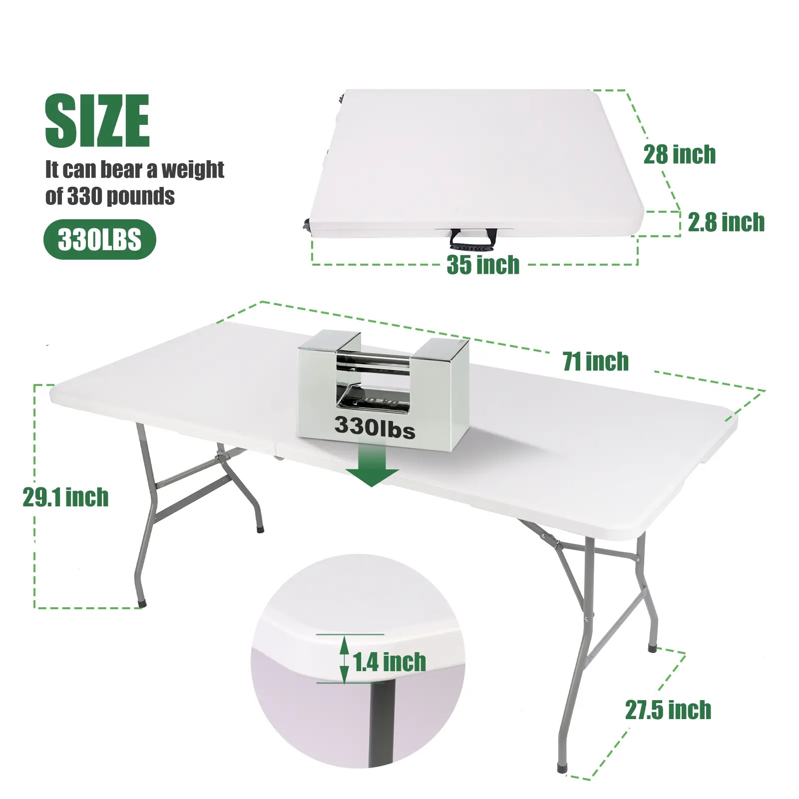 Mesa plegable de 6 pies (Set de mesa plegable de 6 pies y mantel: ZB-6FT), con asa de transporte integrada y patas de acero aleado; portátil y de uso rudo.