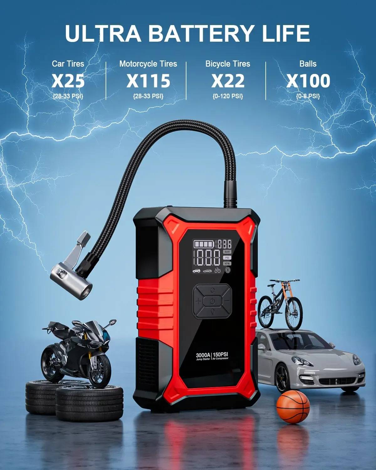 Arrancador de coches portátil con compresor de aire, arrancador de baterías de 3000A (para motores de gasolina de hasta 9.0L y diésel de hasta 6.5L) con inflador digital de neumáticos de 150 PSI y kit de herramientas de reparación para vehículos.
