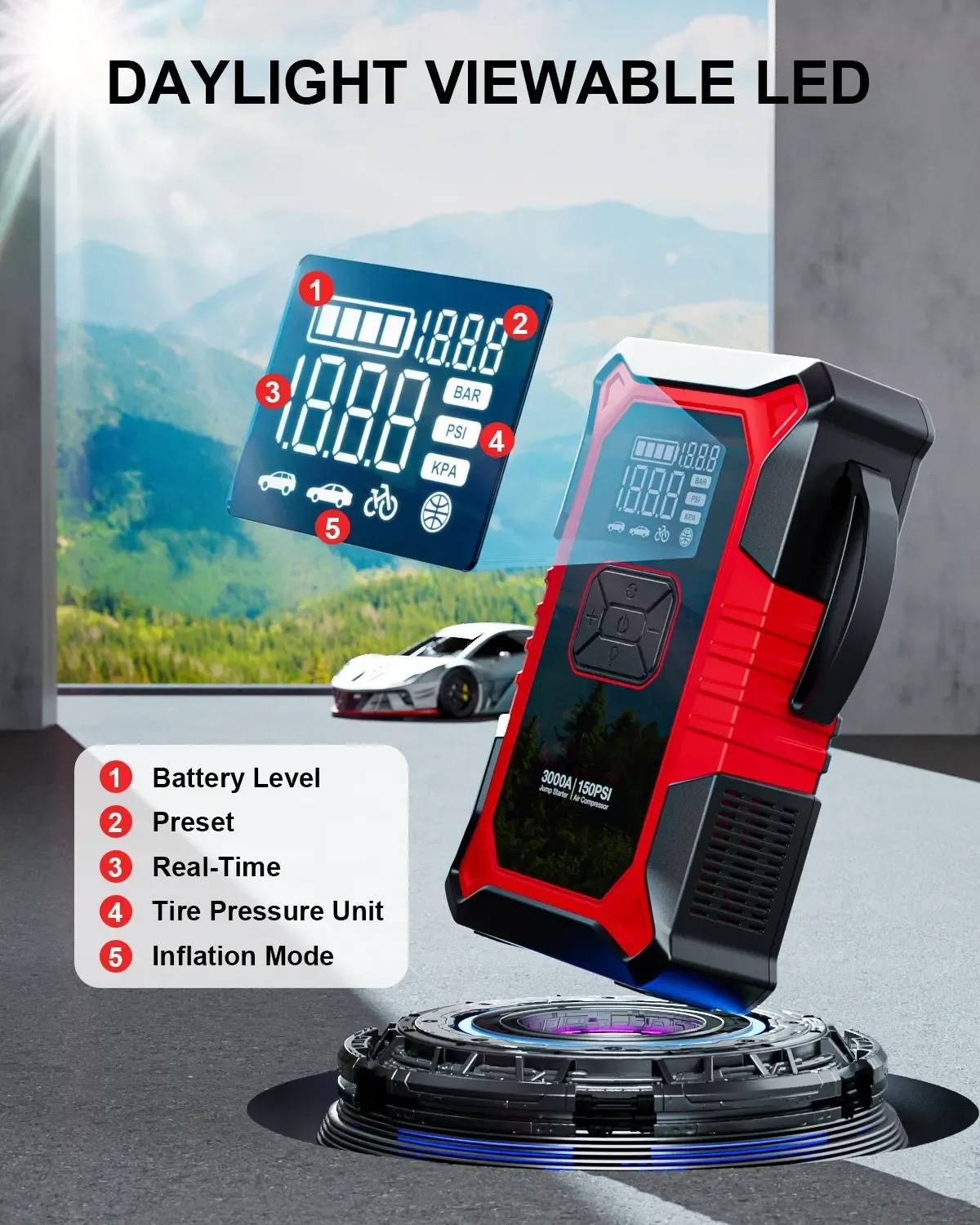Arrancador de coches portátil con compresor de aire, arrancador de baterías de 3000A (para motores de gasolina de hasta 9.0L y diésel de hasta 6.5L) con inflador digital de neumáticos de 150 PSI y kit de herramientas de reparación para vehículos.