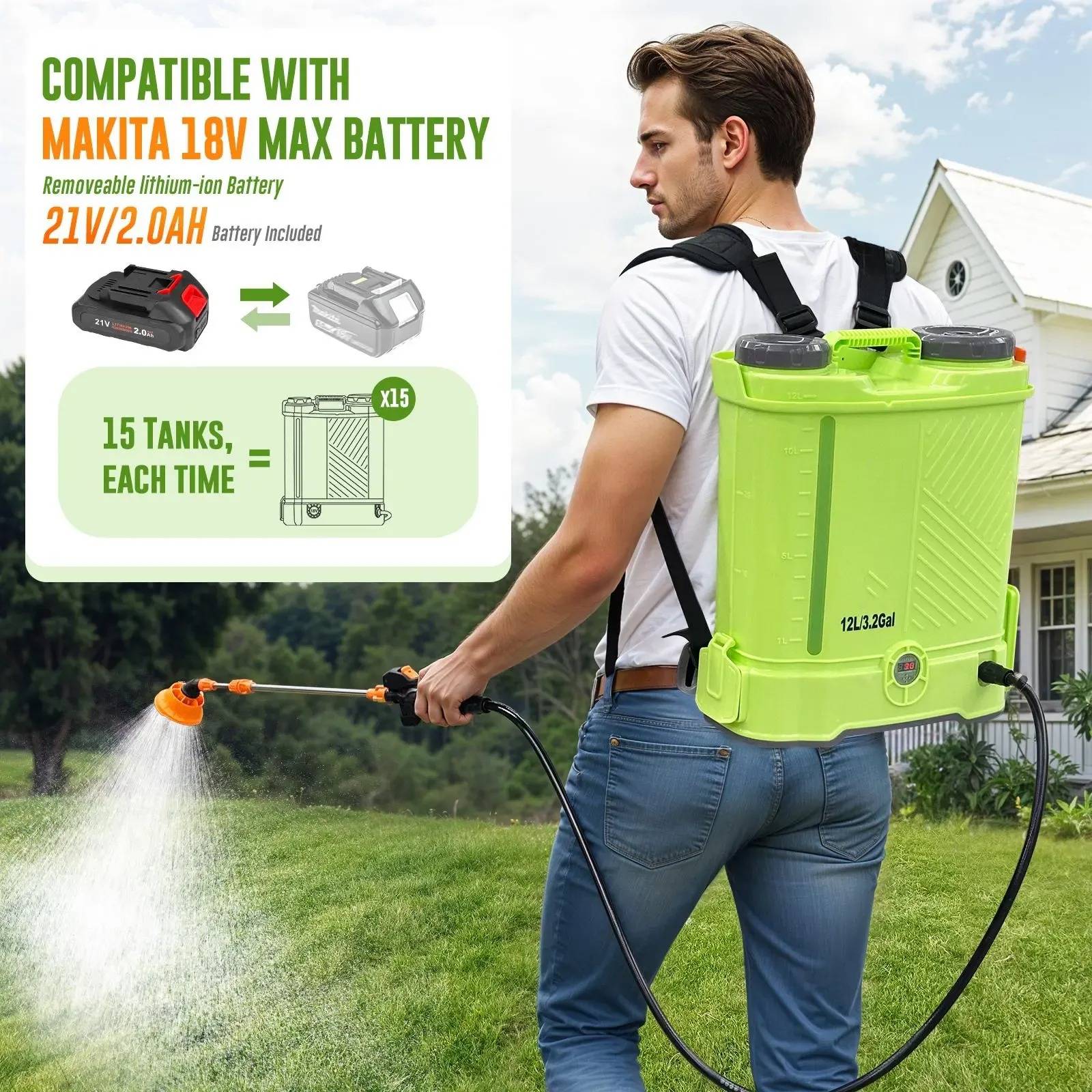 Pulverizador de mochila a batería de 3.2 galones y 80 PSI — Pulverizador eléctrico para jardín compatible con batería Makita de 18 V — Incluye 5 boquillas, batería de 2.0 Ah y cargador