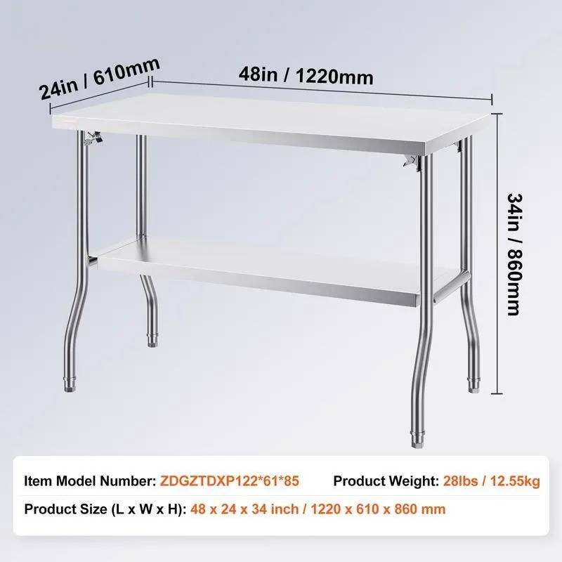 Mesa de preparación comercial plegable, estación de trabajo comercial de 48 x 24 pulgadas con estante inferior, mesa plegable de acero inoxidable resistente con carga de 300 libras.