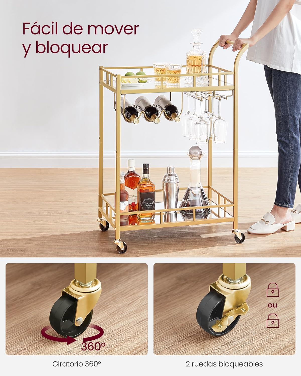 Carro de Bebidas, Carrito de Bar, Carro de Servicio con 2 Estantes de Espejo, Portavasos, Portavinos, para Comedor, Bar de Casa, Cocina, Dorado MLRC090A03