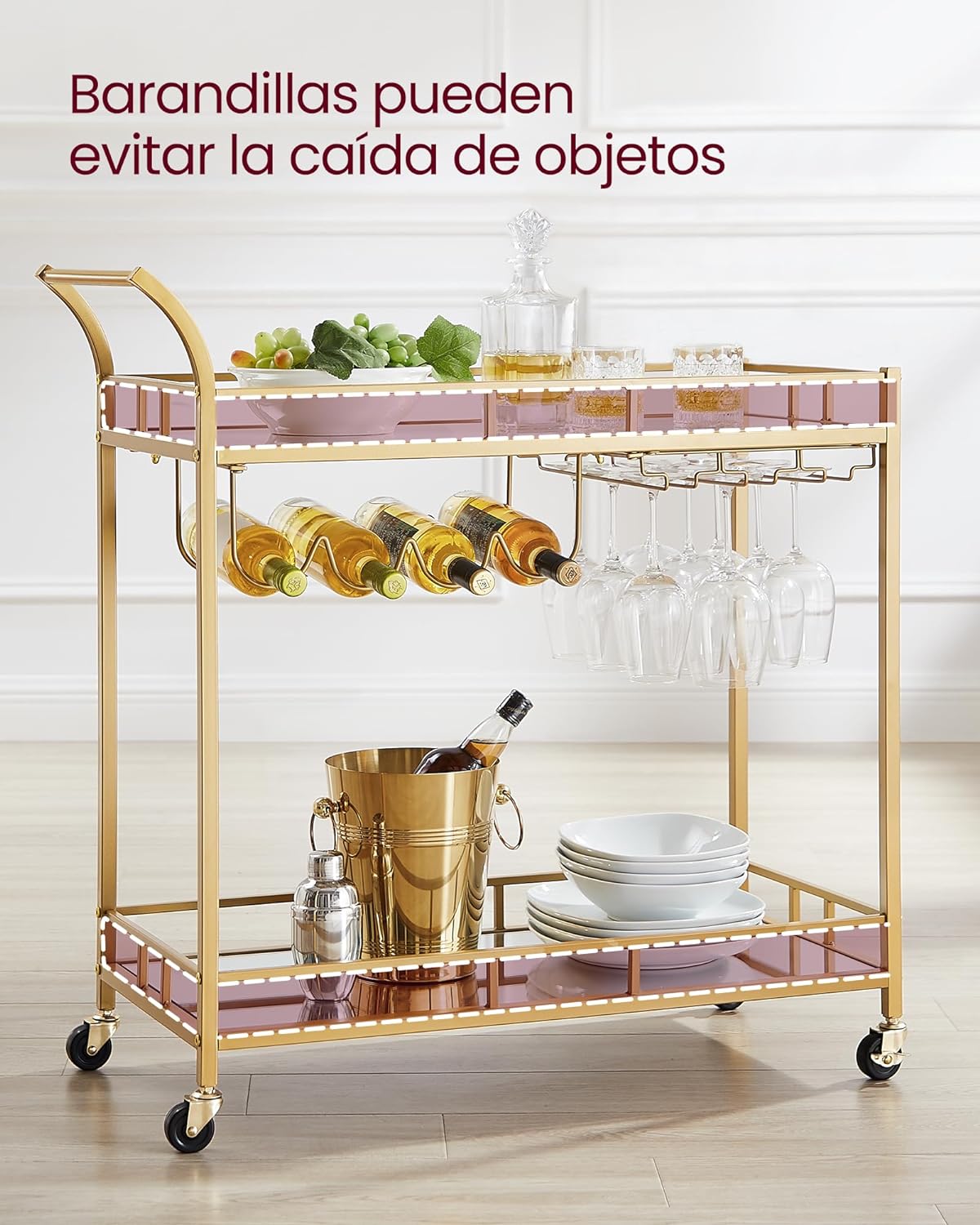 Carro de Bebidas, Carrito de Bar, Carro de Servicio con 2 Estantes de Espejo, Portavasos, Portavinos, para Comedor, Bar de Casa, Cocina, Dorado MLRC090A03