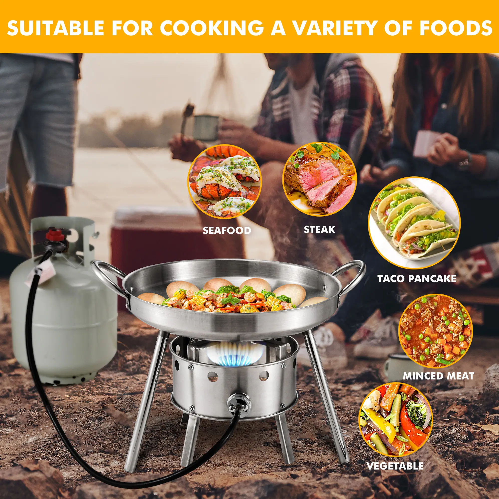 Estufa de propano de un solo quemador de acero inoxidable de 21 pulgadas, de uso rudo y con juego de comal; quemador de propano de alta presión para exteriores de 37,000 BTU; cocina tipo "Discada" (cocina de disco); ideal para cocinar en el patio trasero