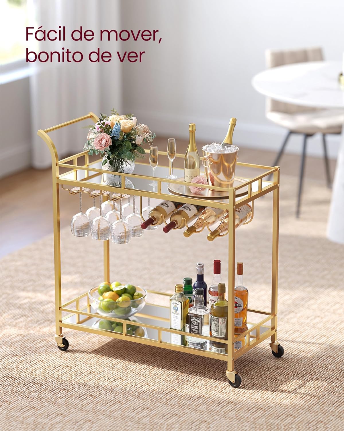 Carro de Bebidas, Carrito de Bar, Carro de Servicio con 2 Estantes de Espejo, Portavasos, Portavinos, para Comedor, Bar de Casa, Cocina, Dorado MLRC090A03