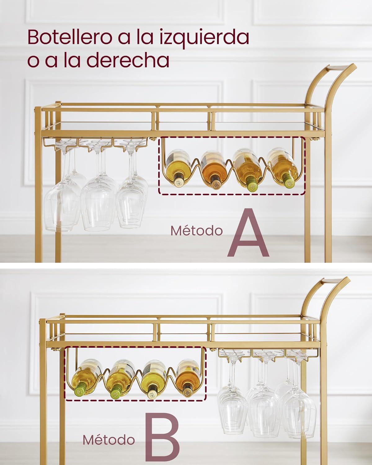 Carro de Bebidas, Carrito de Bar, Carro de Servicio con 2 Estantes de Espejo, Portavasos, Portavinos, para Comedor, Bar de Casa, Cocina, Dorado MLRC090A03