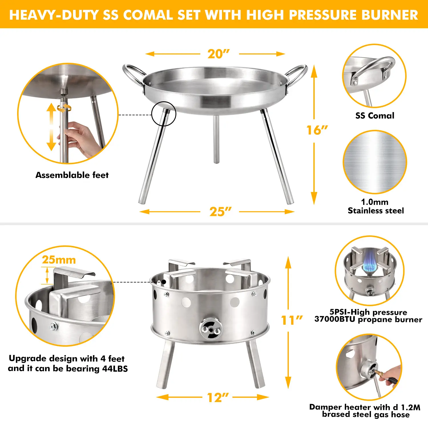 Estufa de propano de un solo quemador de acero inoxidable de 21 pulgadas, de uso rudo y con juego de comal; quemador de propano de alta presión para exteriores de 37,000 BTU; cocina tipo "Discada" (cocina de disco); ideal para cocinar en el patio trasero