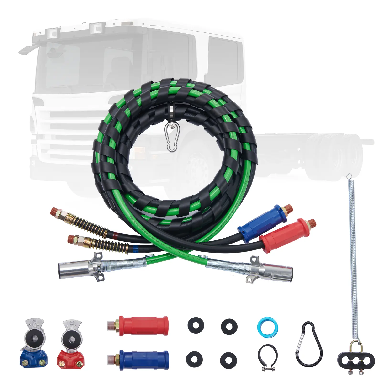 Kit de líneas de aire de 12 pies para semirremolques, con 2 acoples rápidos (Glad Hands), mangueras de aire 3 en 1 y línea eléctrica ABS de 7 vías; incluye 2 manijas para acoples, 4 sellos y un kit de resortes de soporte para tractocamiones y remolques.