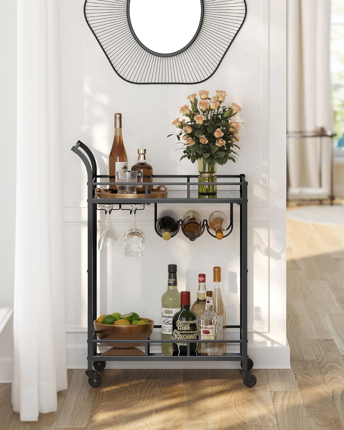 Carro de Bebidas, Carrito de Bar, Carro de Servicio con 2 Estantes de Espejo, Portavasos, Portavinos, para Comedor, Bar de Casa, Cocina, Dorado MLRC090A03
