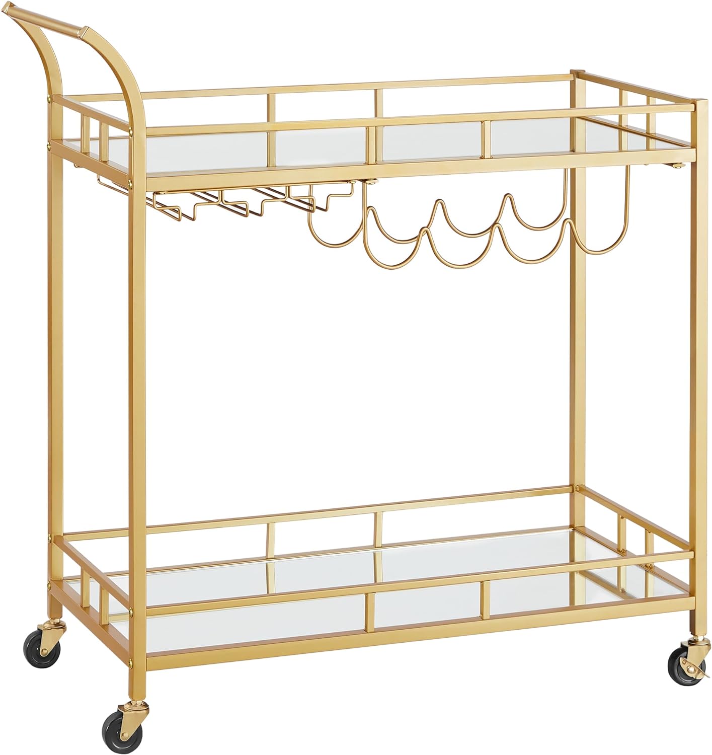 Carro de Bebidas, Carrito de Bar, Carro de Servicio con 2 Estantes de Espejo, Portavasos, Portavinos, para Comedor, Bar de Casa, Cocina, Dorado MLRC090A03