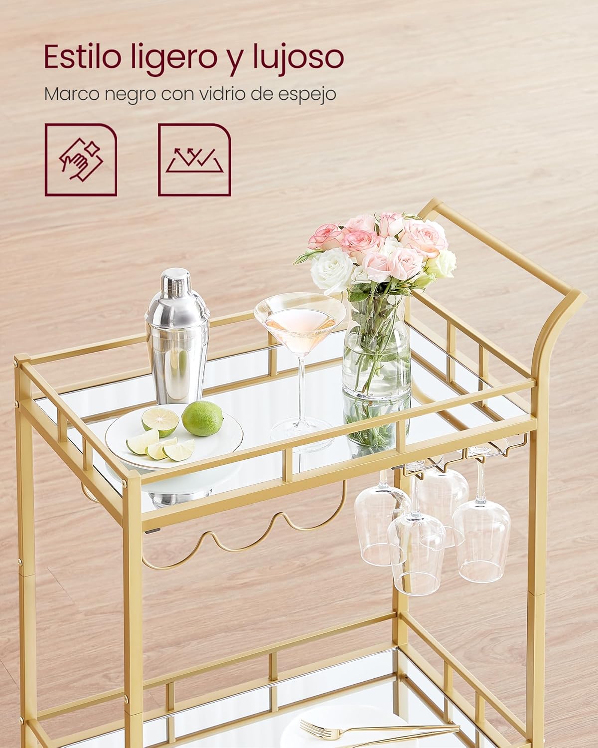 Carro de Bebidas, Carrito de Bar, Carro de Servicio con 2 Estantes de Espejo, Portavasos, Portavinos, para Comedor, Bar de Casa, Cocina, Dorado MLRC090A03