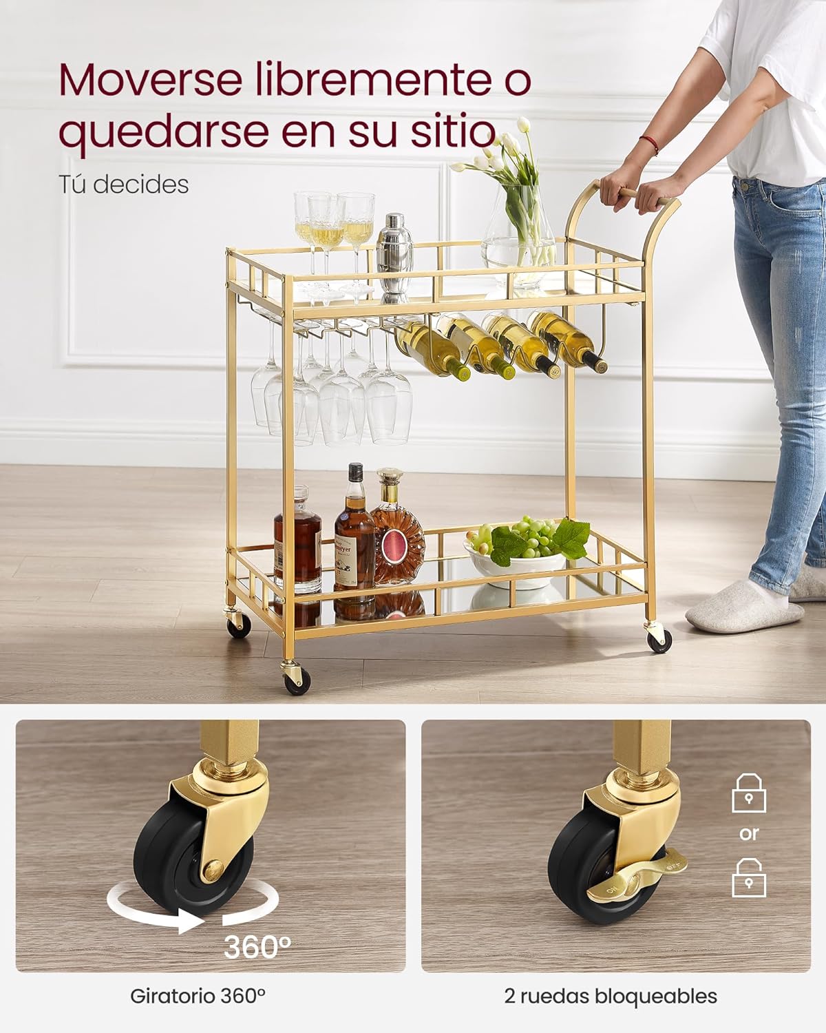 Carro de Bebidas, Carrito de Bar, Carro de Servicio con 2 Estantes de Espejo, Portavasos, Portavinos, para Comedor, Bar de Casa, Cocina, Dorado MLRC090A03