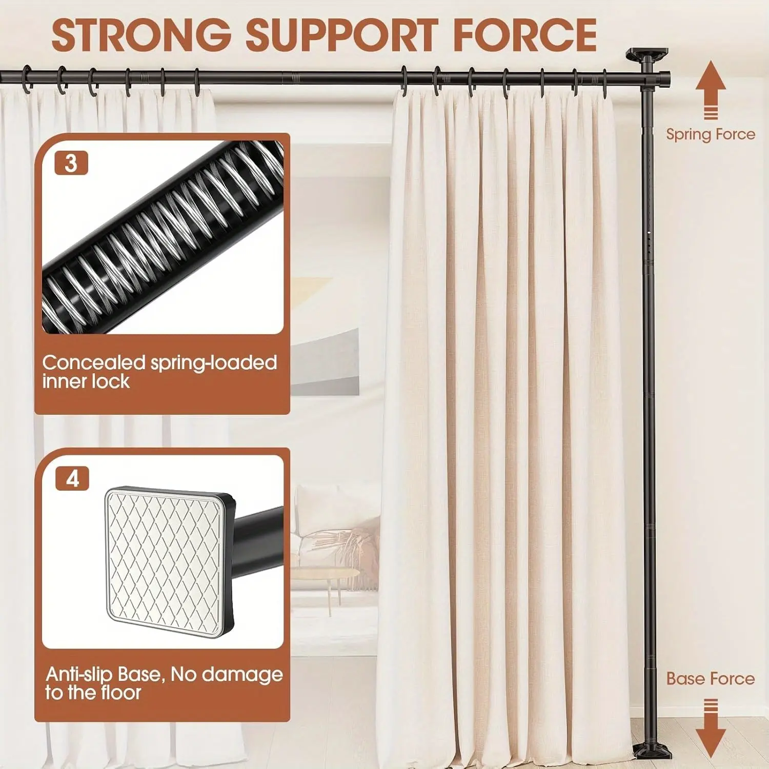 Barra ajustable para cortina divisoria de ambientes — Estructura de tensión para separar dormitorios (sin taladros) — Divisor de espacios independiente para separar habitaciones — Altura: 1,2–3 m (4–10 pies) — Ancho: 71–290 cm (28–114 pulgadas)