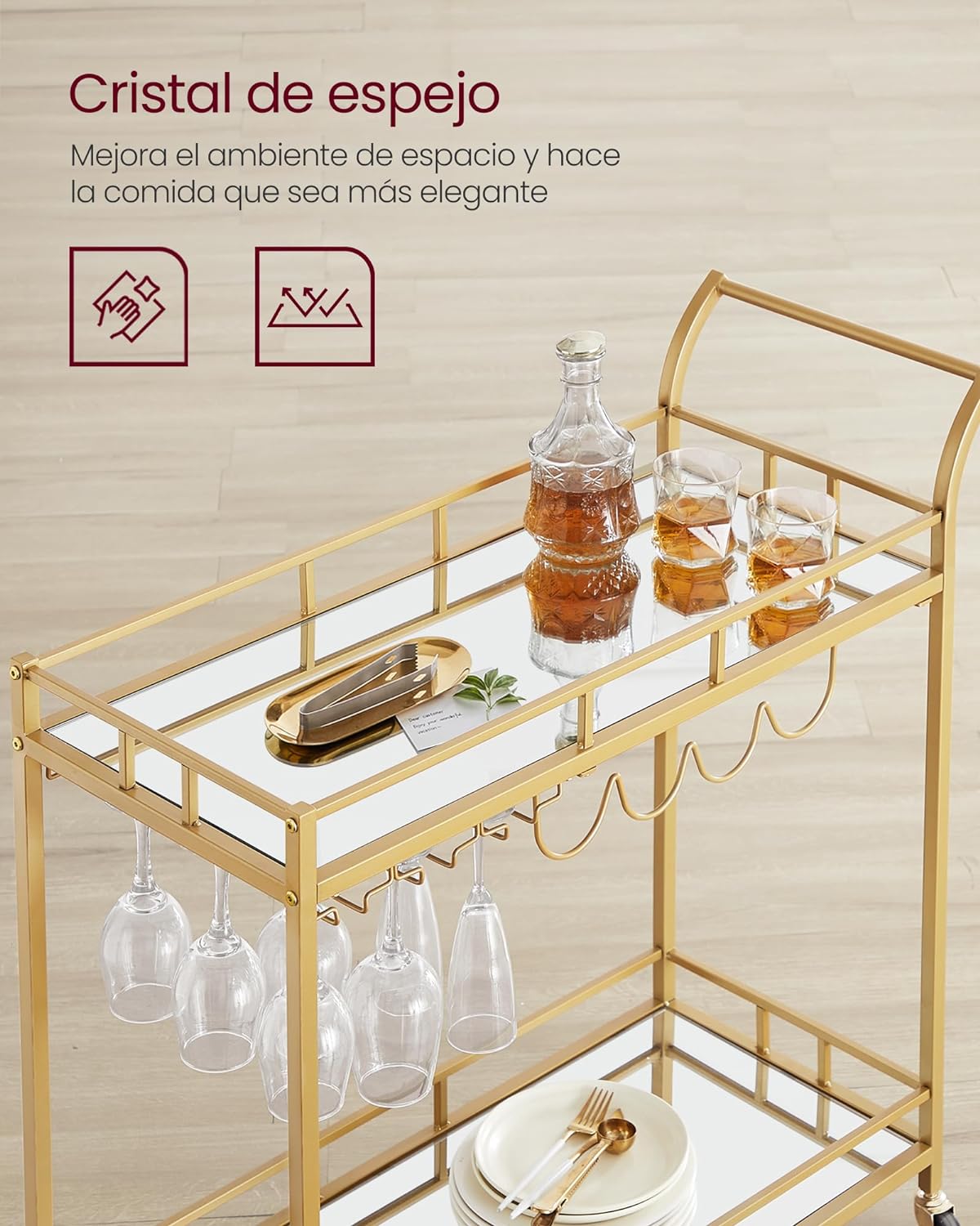 Carro de Bebidas, Carrito de Bar, Carro de Servicio con 2 Estantes de Espejo, Portavasos, Portavinos, para Comedor, Bar de Casa, Cocina, Dorado MLRC090A03