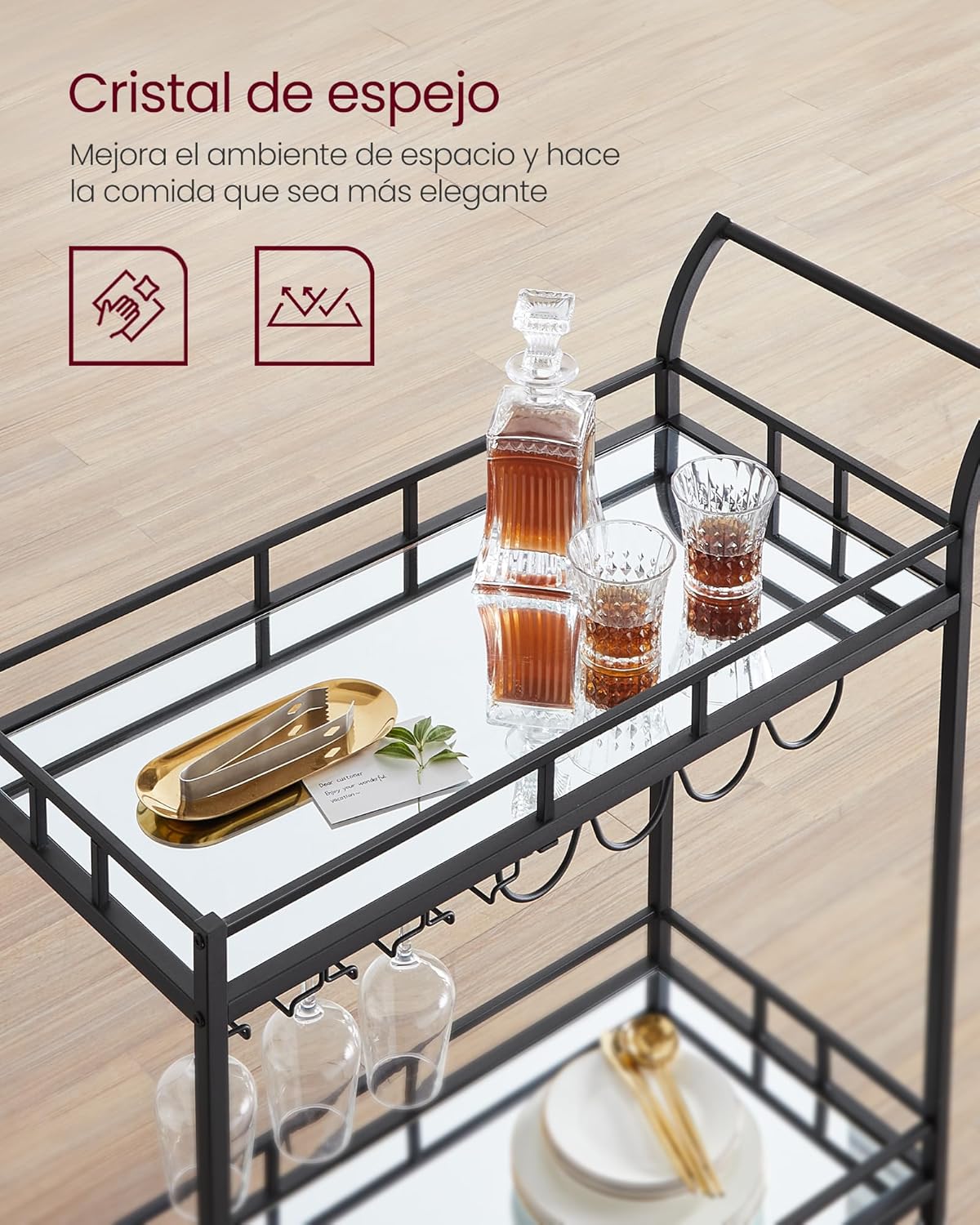 Carro de Bebidas, Carrito de Bar, Carro de Servicio con 2 Estantes de Espejo, Portavasos, Portavinos, para Comedor, Bar de Casa, Cocina, Dorado MLRC090A03