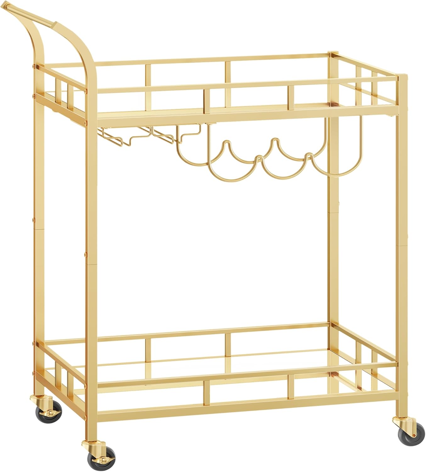 Carro de Bebidas, Carrito de Bar, Carro de Servicio con 2 Estantes de Espejo, Portavasos, Portavinos, para Comedor, Bar de Casa, Cocina, Dorado MLRC090A03