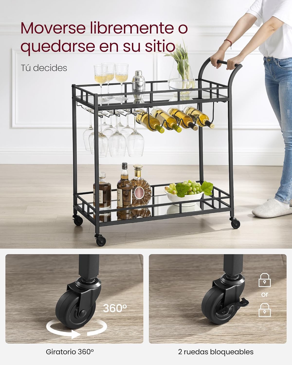 Carro de Bebidas, Carrito de Bar, Carro de Servicio con 2 Estantes de Espejo, Portavasos, Portavinos, para Comedor, Bar de Casa, Cocina, Dorado MLRC090A03